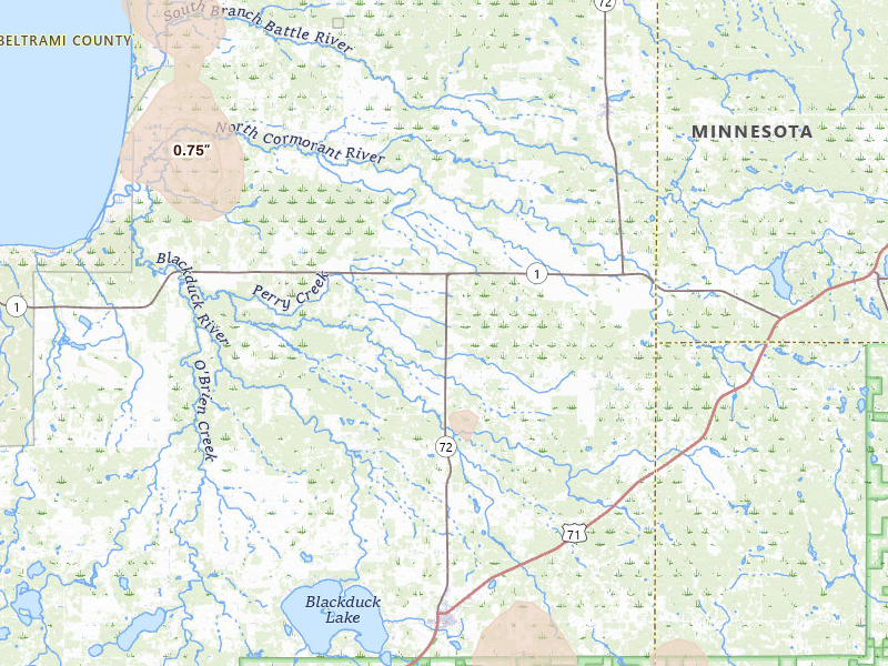 Radar-estimated hail-size map of the storm over Blackduck, MN on Jun 9, 2026