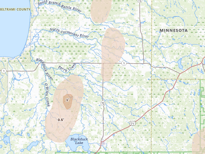 Radar-estimated hail-size map of the storm over Blackduck, MN on Jun 10, 2026
