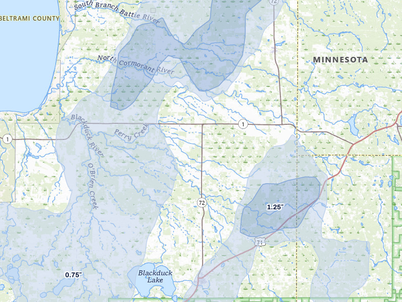 NEXRAD radar-signature map of the hail storm over Blackduck, MN on Jun 29, 2026