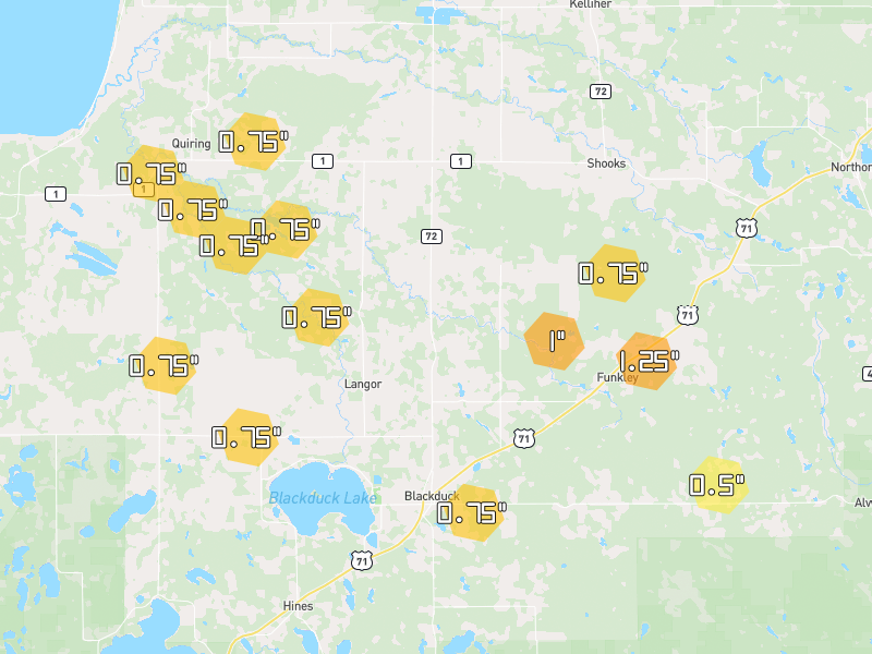 Hail map of Blackduck, MN on Jun 30, 2026, hail up to 1.25"