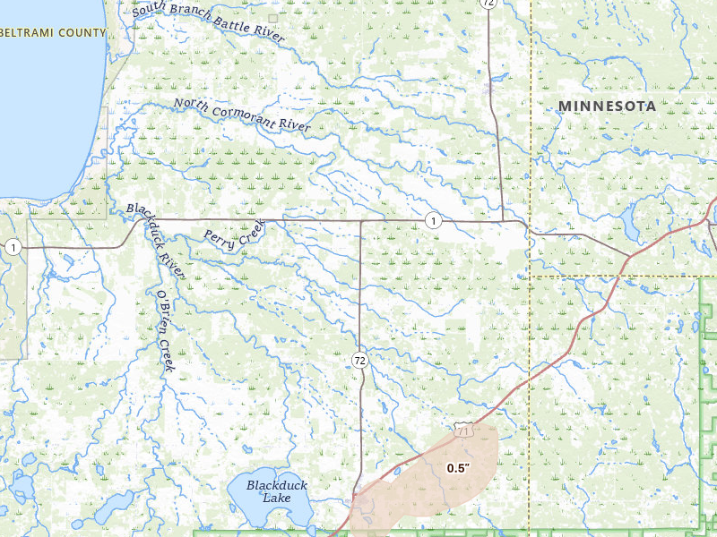 Radar-estimated hail-size map of the storm over Blackduck, MN on Jul 4, 2026