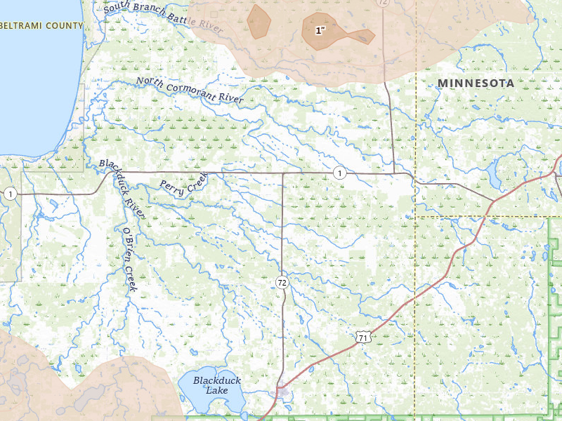 Radar-estimated hail-size map of the storm over Blackduck, MN on Jul 6, 2026