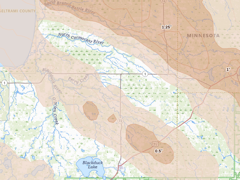 Radar-estimated hail-size map of the storm over Blackduck, MN on Jul 24, 2026