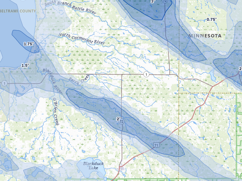 NEXRAD radar-signature map of the hail storm over Blackduck, MN on Jul 24, 2026