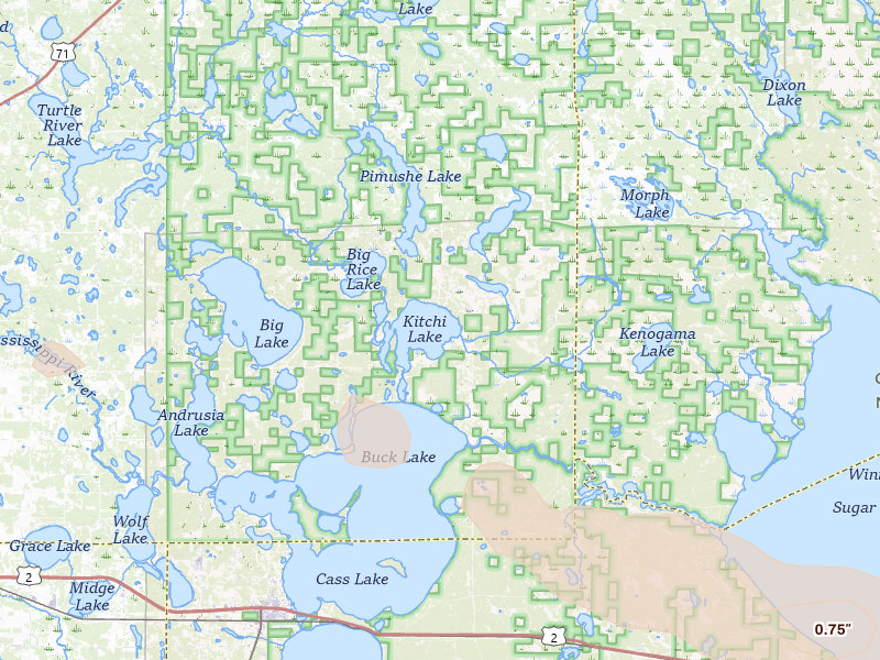 Radar-estimated hail-size map of the storm over Blackduck, MN on Aug 17, 2026
