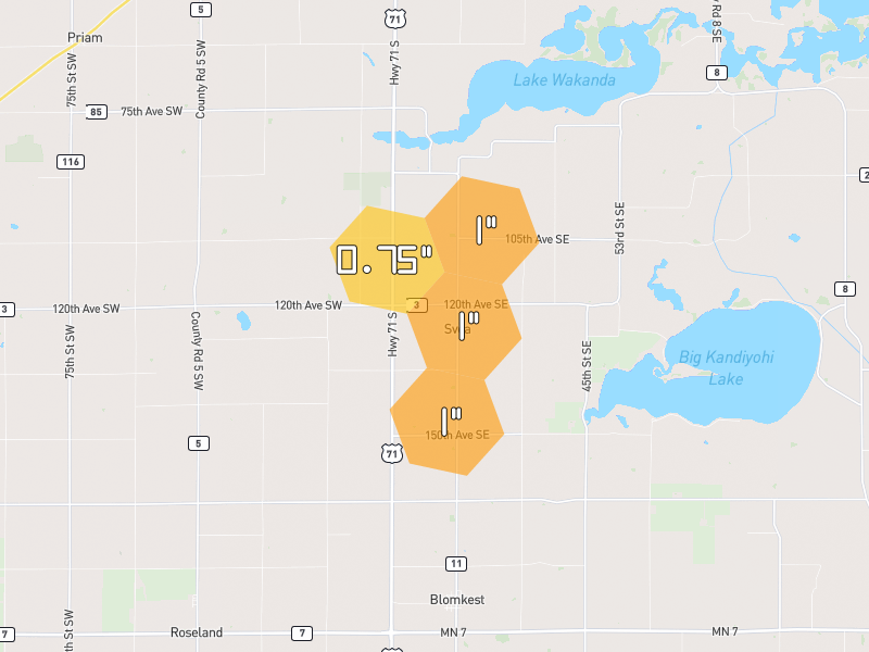 Hail map of Blomkest, MN on Jul 4, 2026, hail up to 1"
