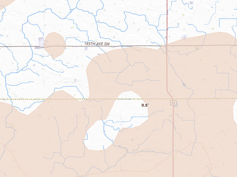 Radar-estimated hail-size map of the storm over Blomkest, MN on Aug 7, 2026
