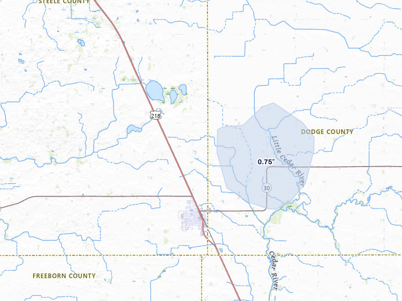 NEXRAD radar-signature map of the hail storm over Blooming Prairie, MN on May 17, 2026