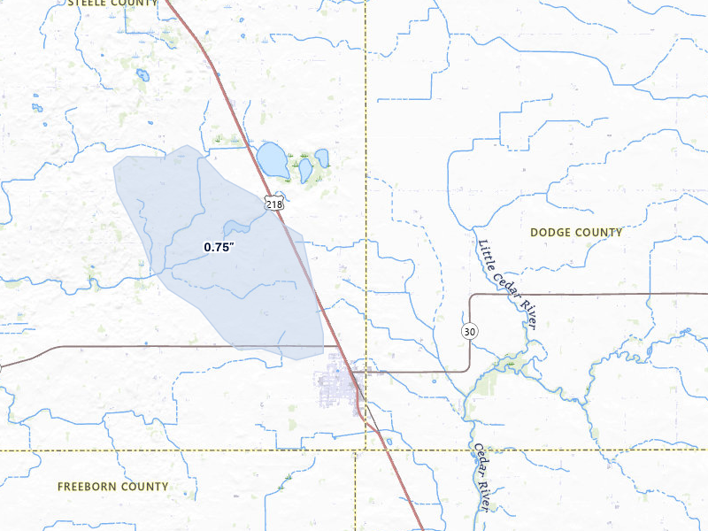 NEXRAD radar-signature map of the hail over Blooming Prairie, MN