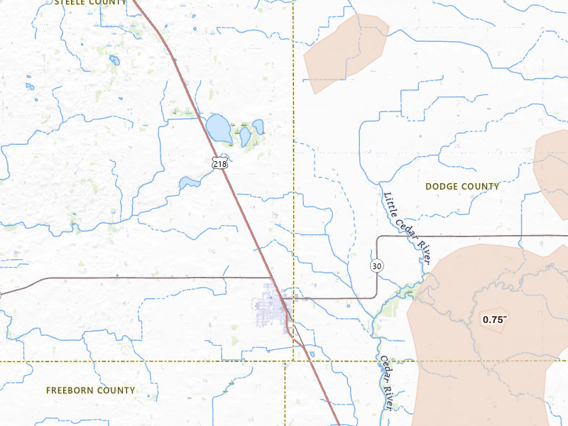 Radar-estimated hail-size map of the storm over Blooming Prairie, MN on Jun 30, 2026