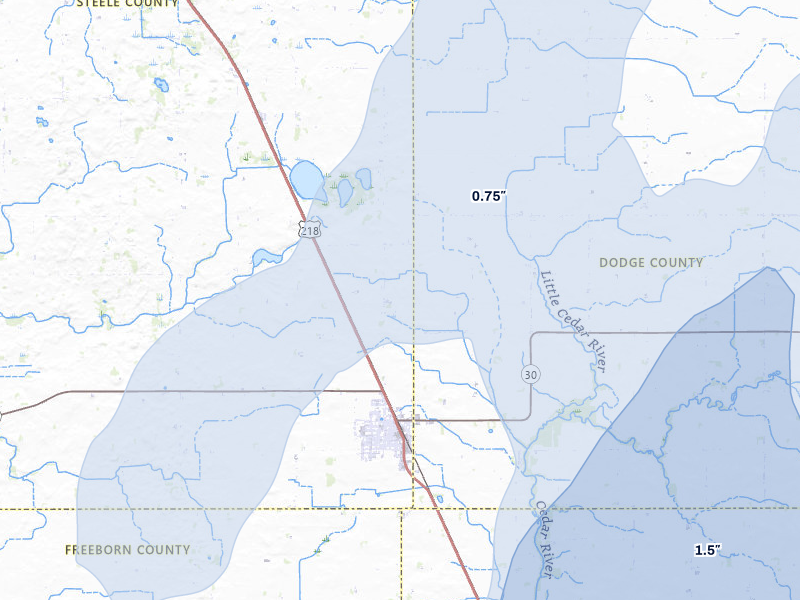 NEXRAD radar-signature map of the hail over Blooming Prairie, MN