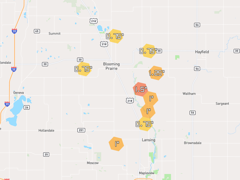 Hail map of Blooming Prairie, MN on Jul 1, 2026, hail up to 1.5"
