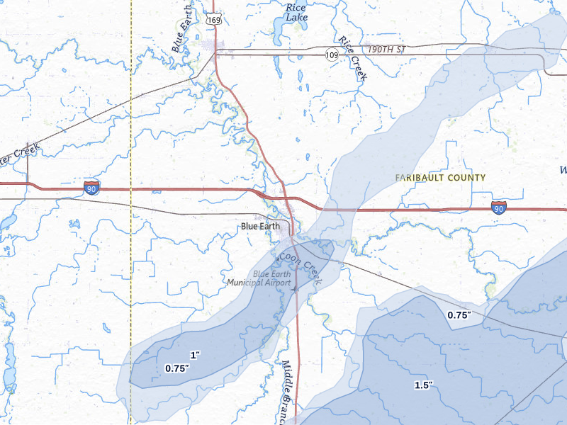 NEXRAD radar-signature map of the hail over Blue Earth, MN