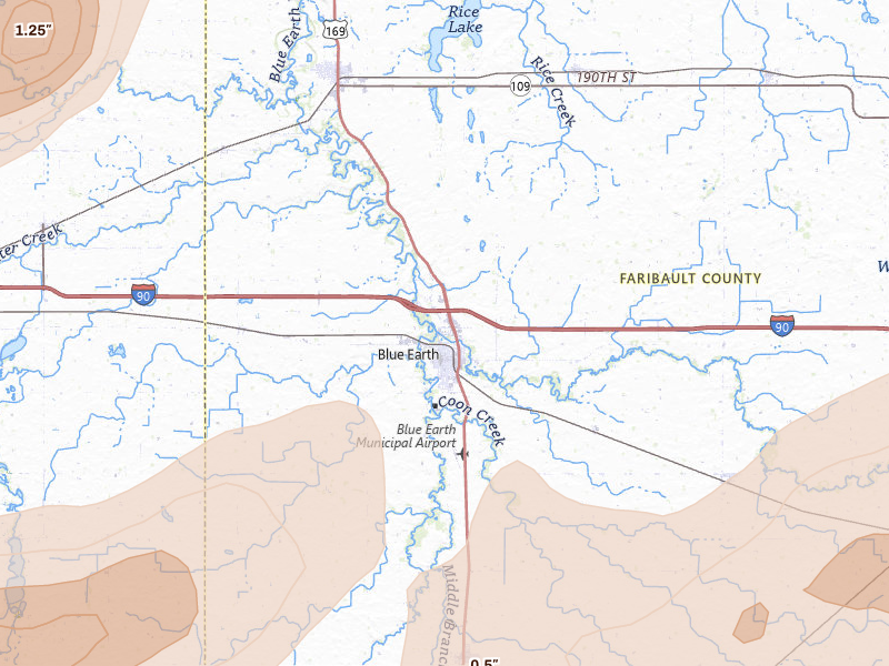Radar-estimated hail-size map of the storm over Blue Earth, MN on Apr 13, 2026