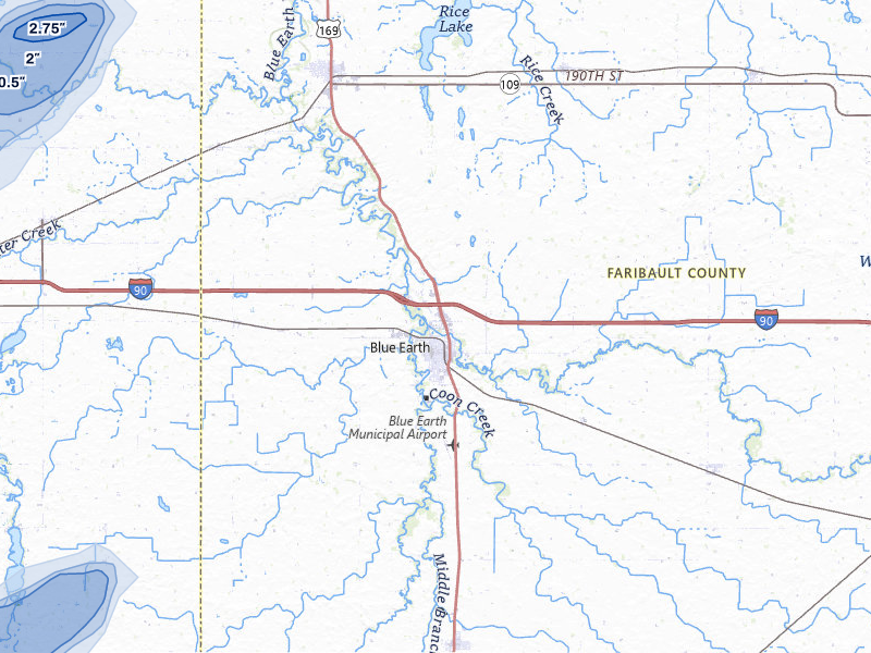 NEXRAD radar-signature map of the hail over Blue Earth, MN