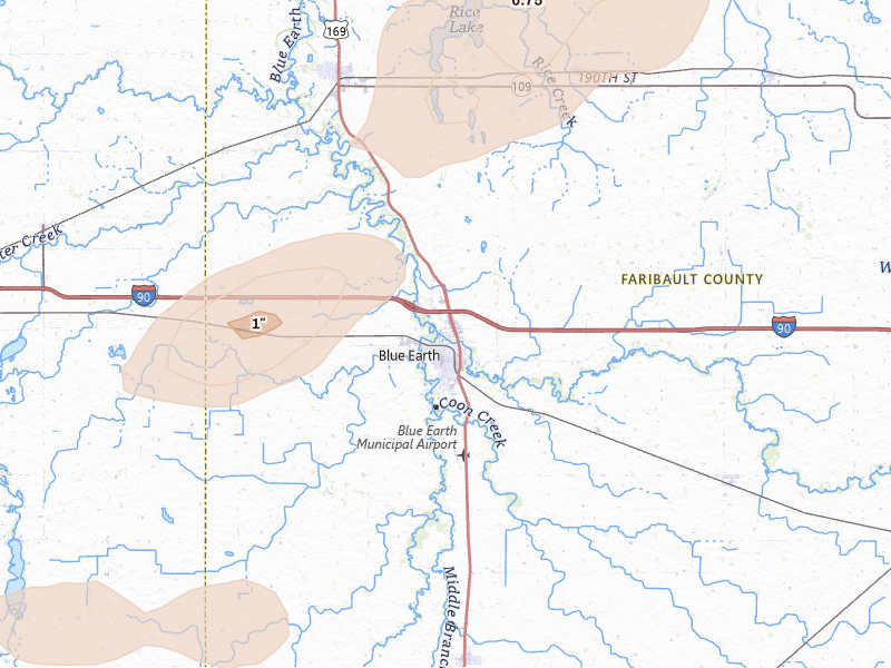 Radar-estimated hail-size map of the storm over Blue Earth, MN on May 15, 2026