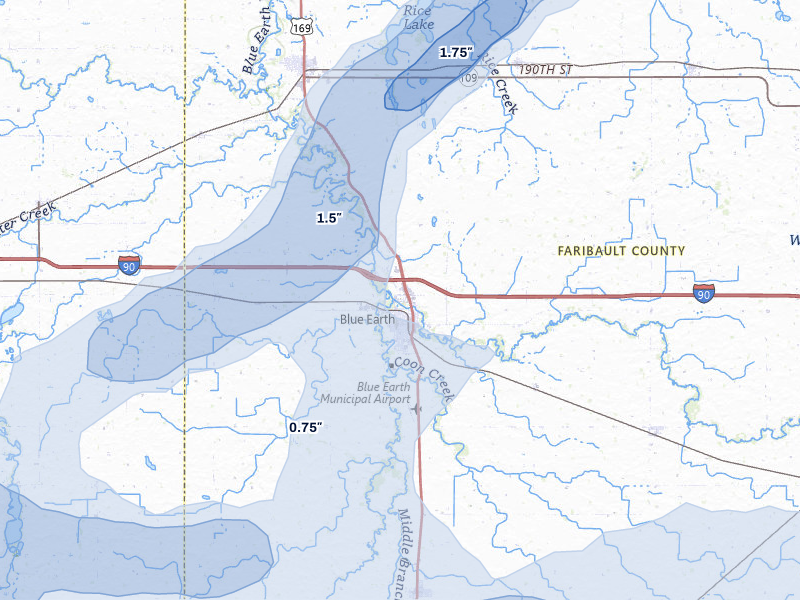 NEXRAD radar-signature map of the hail storm over Blue Earth, MN on May 15, 2026
