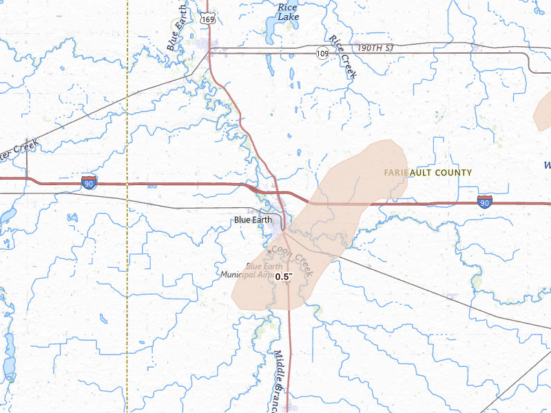 Radar-estimated hail-size map of the storm over Blue Earth, MN on May 18, 2026