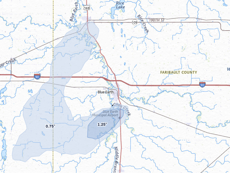 NEXRAD radar-signature map of the hail storm over Blue Earth, MN on May 18, 2026