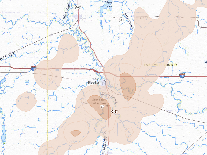 Radar-estimated hail-size map of the storm over Blue Earth, MN on Jun 29, 2026