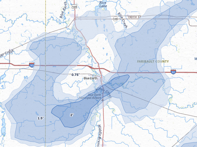 NEXRAD radar-signature map of the hail storm over Blue Earth, MN on Jun 29, 2026