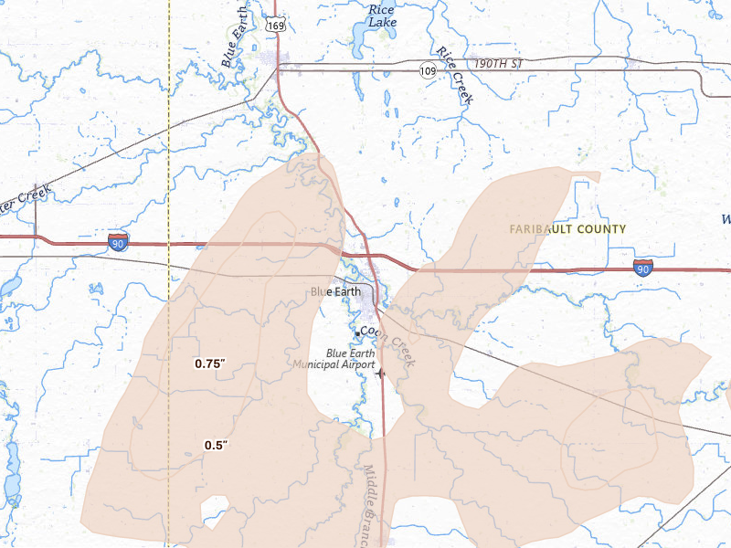 Radar-estimated hail-size map of the storm over Blue Earth, MN on Jun 30, 2026