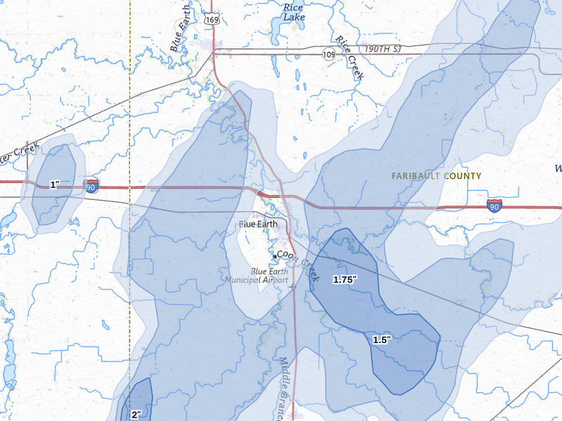 NEXRAD radar-signature map of the hail storm over Blue Earth, MN on Jun 30, 2026