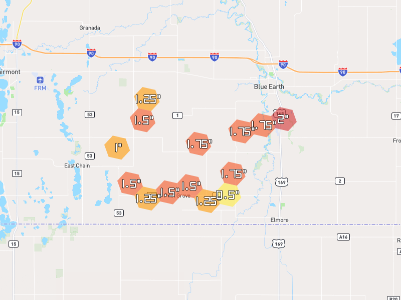 Hail map of Blue Earth, MN on Jun 30, 2026, hail up to 2"