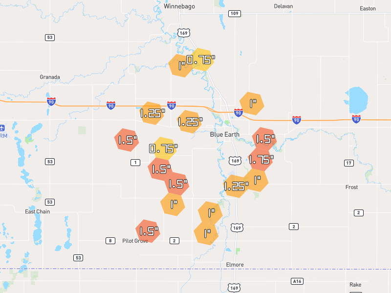 Hail map of Blue Earth, MN on Jul 1, 2026, hail up to 1.75"