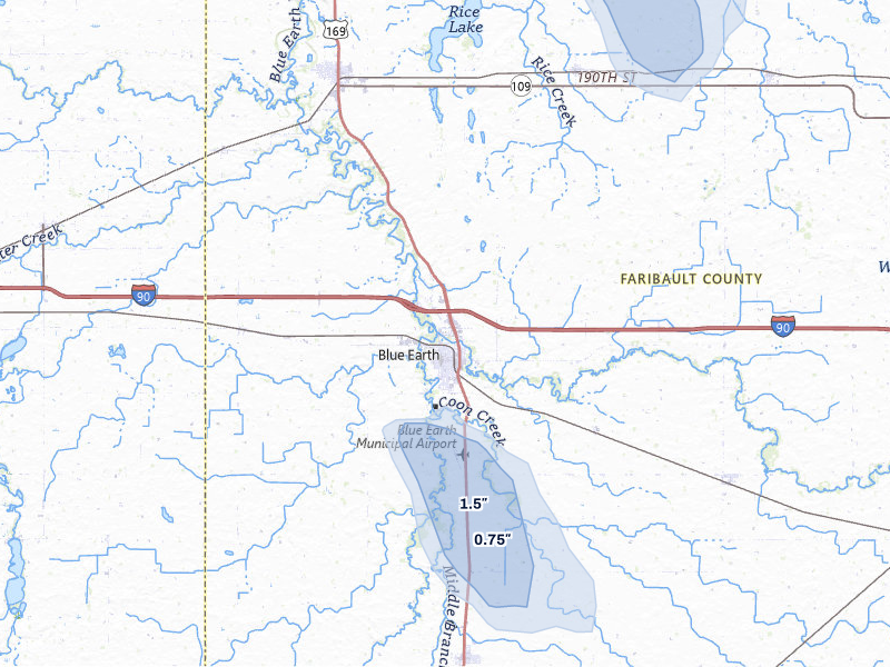 NEXRAD radar-signature map of the hail over Blue Earth, MN