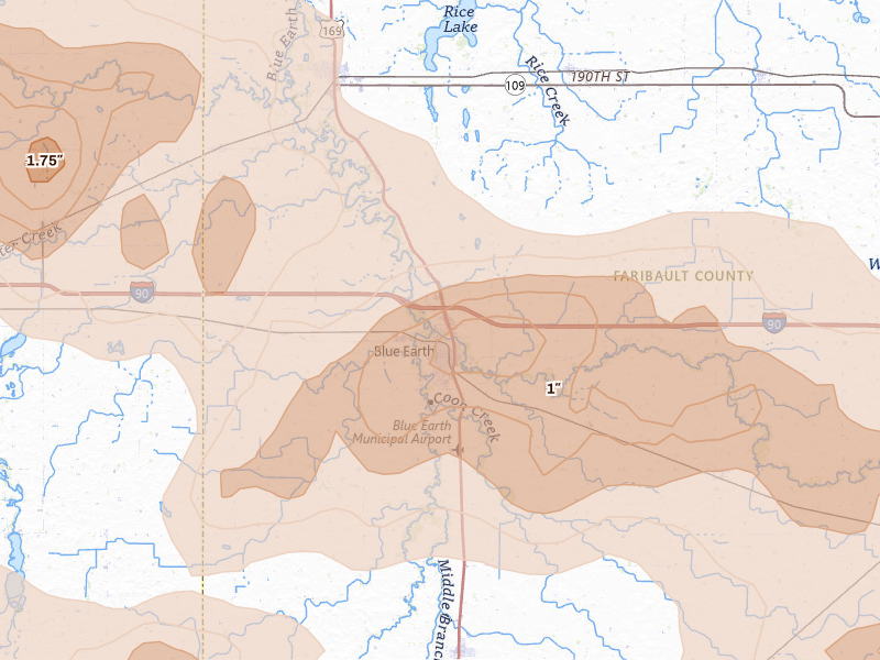 Radar-estimated hail-size map of the storm over Blue Earth, MN on Aug 7, 2026