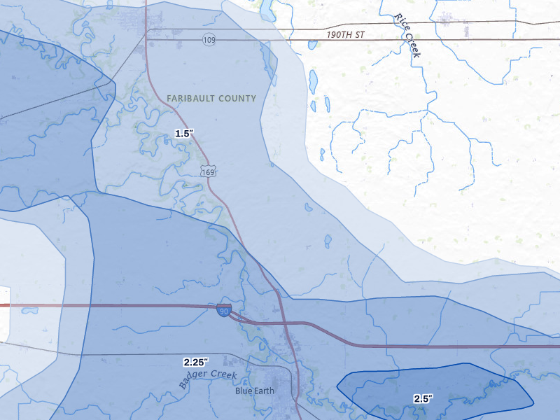 NEXRAD radar-signature map of the hail storm over Blue Earth, MN on Aug 7, 2026