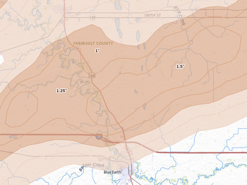 Radar-estimated hail-size map of the storm over Blue Earth, MN on Sep 1, 2026