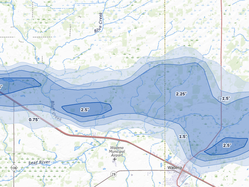 NEXRAD radar-signature map of the hail over Bluffton, MN