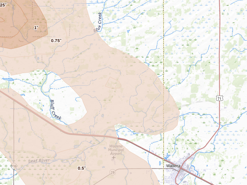 Radar-estimated hail-size map of the storm over Bluffton, MN on Aug 17, 2026