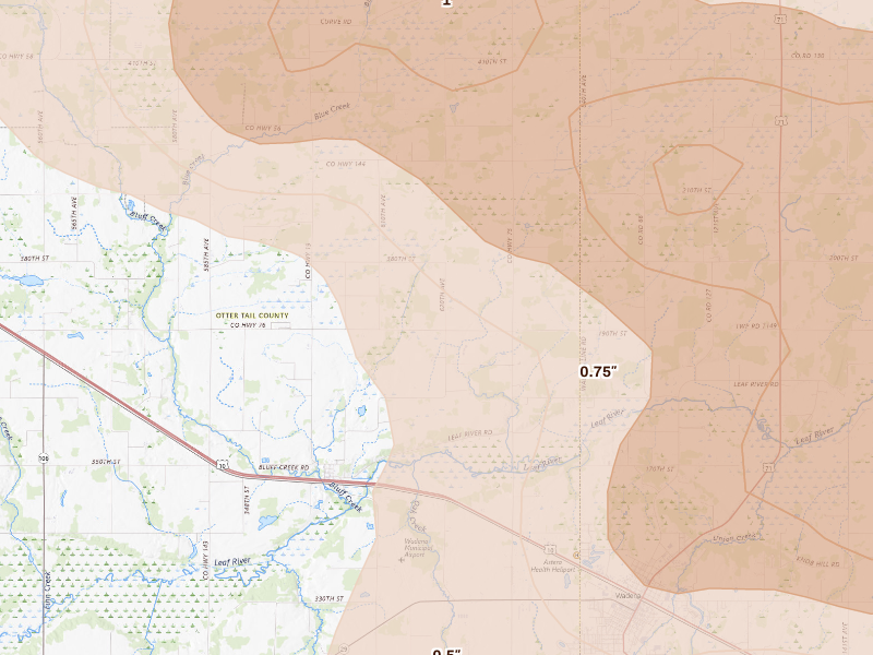 Radar-estimated hail-size map of the storm over Bluffton, MN on Sep 11, 2026