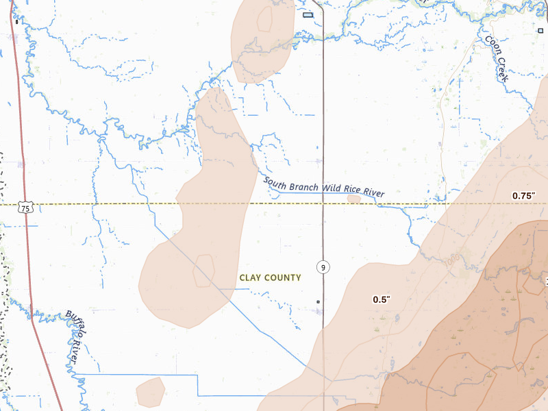 Radar-estimated hail-size map of the storm over Borup, MN on Jun 29, 2026
