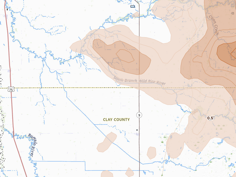 Radar-estimated hail-size map of the storm over Borup, MN on Jul 6, 2026