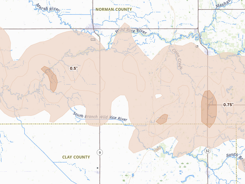 Radar-estimated hail-size map of the storm over Borup, MN on Sep 3, 2026