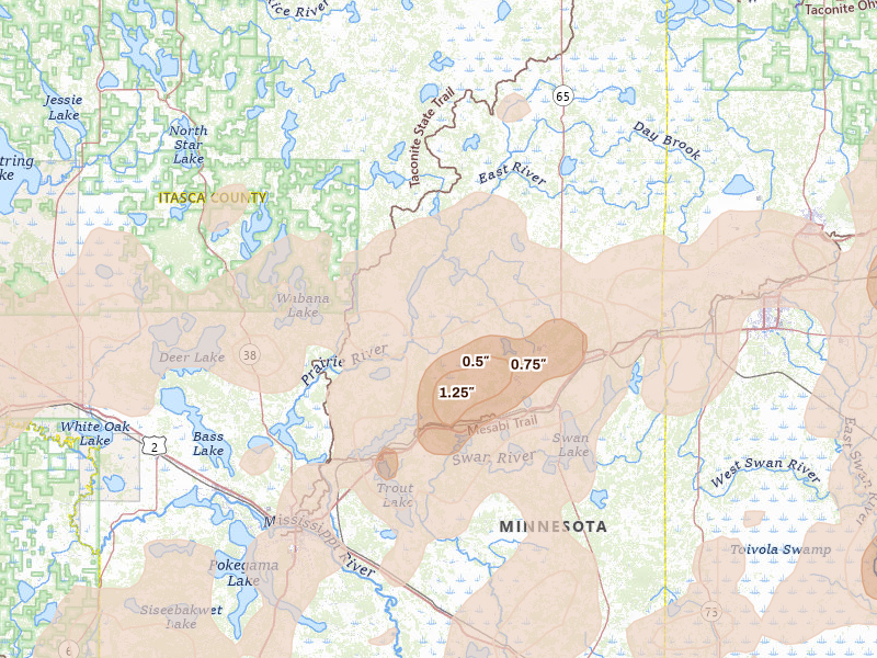 Radar-estimated hail-size map of the storm over Bovey, MN on Jun 29, 2026