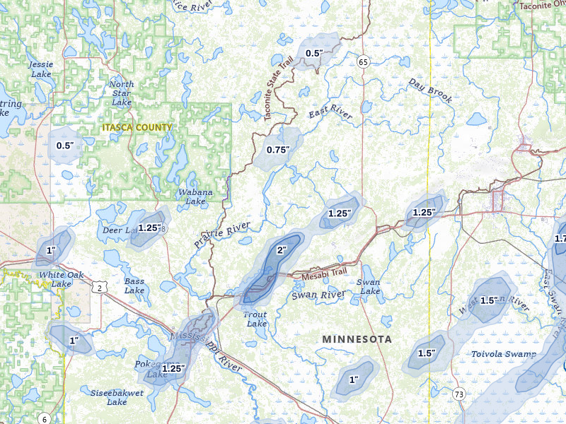 NEXRAD radar-signature map of the hail storm over Bovey, MN on Jun 29, 2026