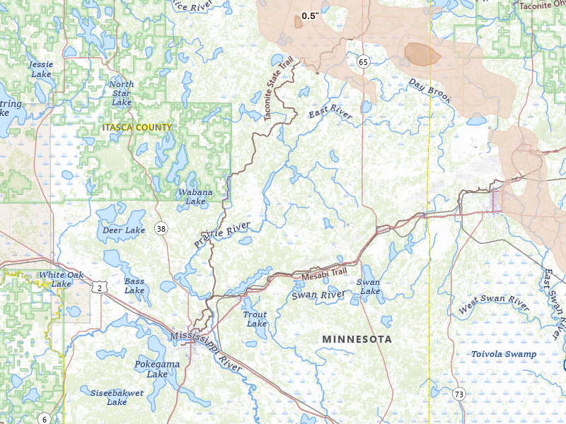 Radar-estimated hail-size map of the storm over Bovey, MN on Jul 26, 2026
