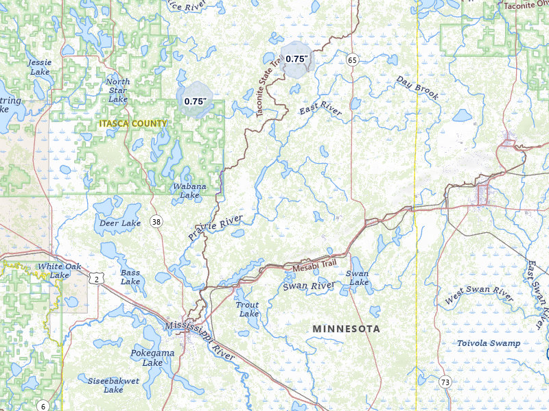 NEXRAD radar-signature map of the hail storm over Bovey, MN on Jul 26, 2026