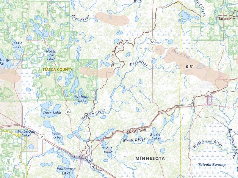 Radar-estimated hail-size map of the storm over Bovey, MN on Aug 17, 2026