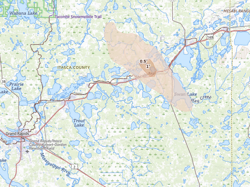 Radar-estimated hail-size map of the storm over Bovey, MN on Aug 20, 2026