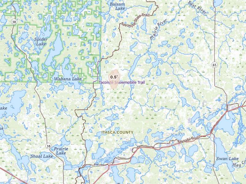 Radar-estimated hail-size map of the storm over Bovey, MN on Aug 30, 2026