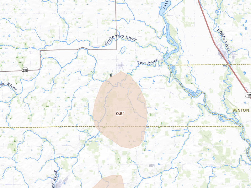 Radar-estimated hail-size map of the storm over Bowlus, MN on Jun 9, 2026