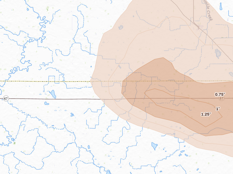 Radar-estimated hail-size map of the storm over Boyd, MN on Jun 5, 2026