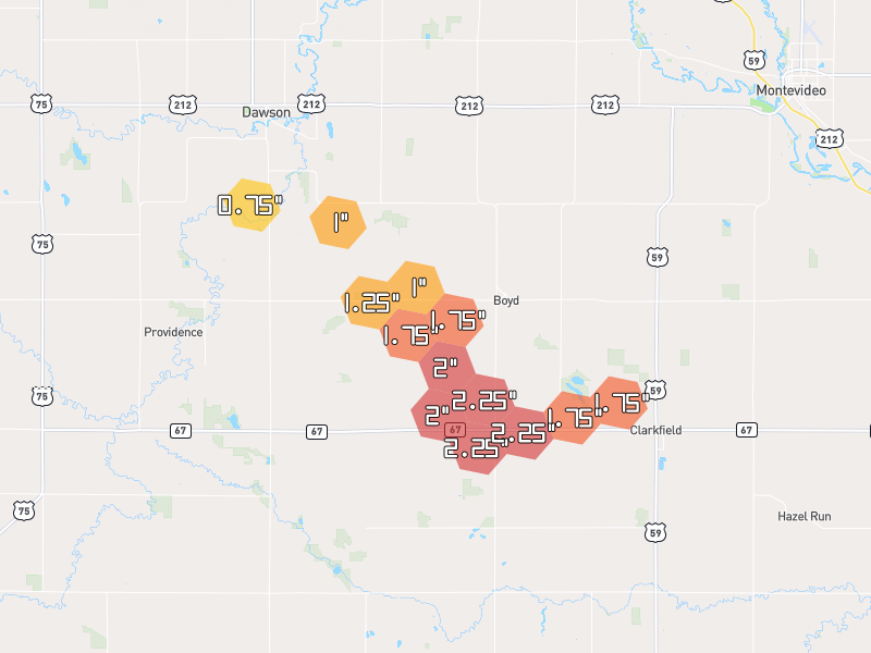 Hail map of Boyd, MN on Jun 5, 2026, hail up to 2.25"