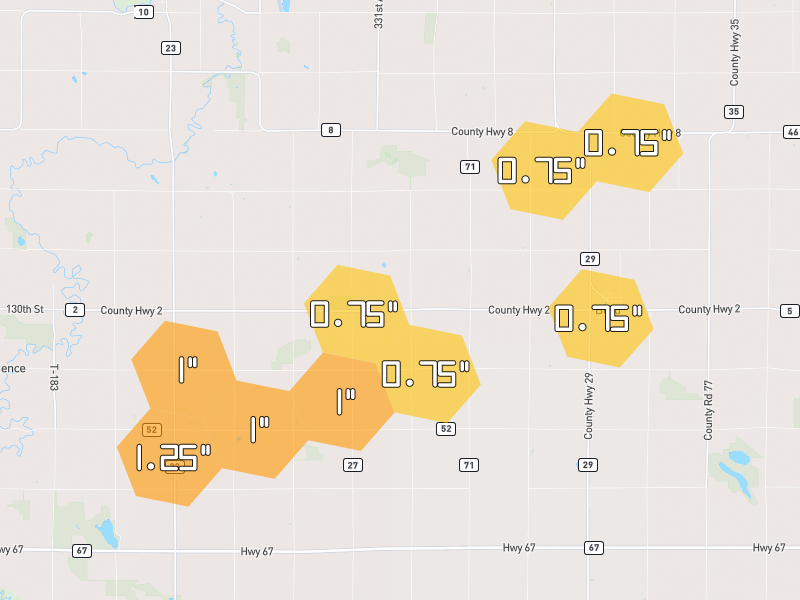 Hail map of Boyd, MN on Jul 3, 2026, hail up to 1.25"